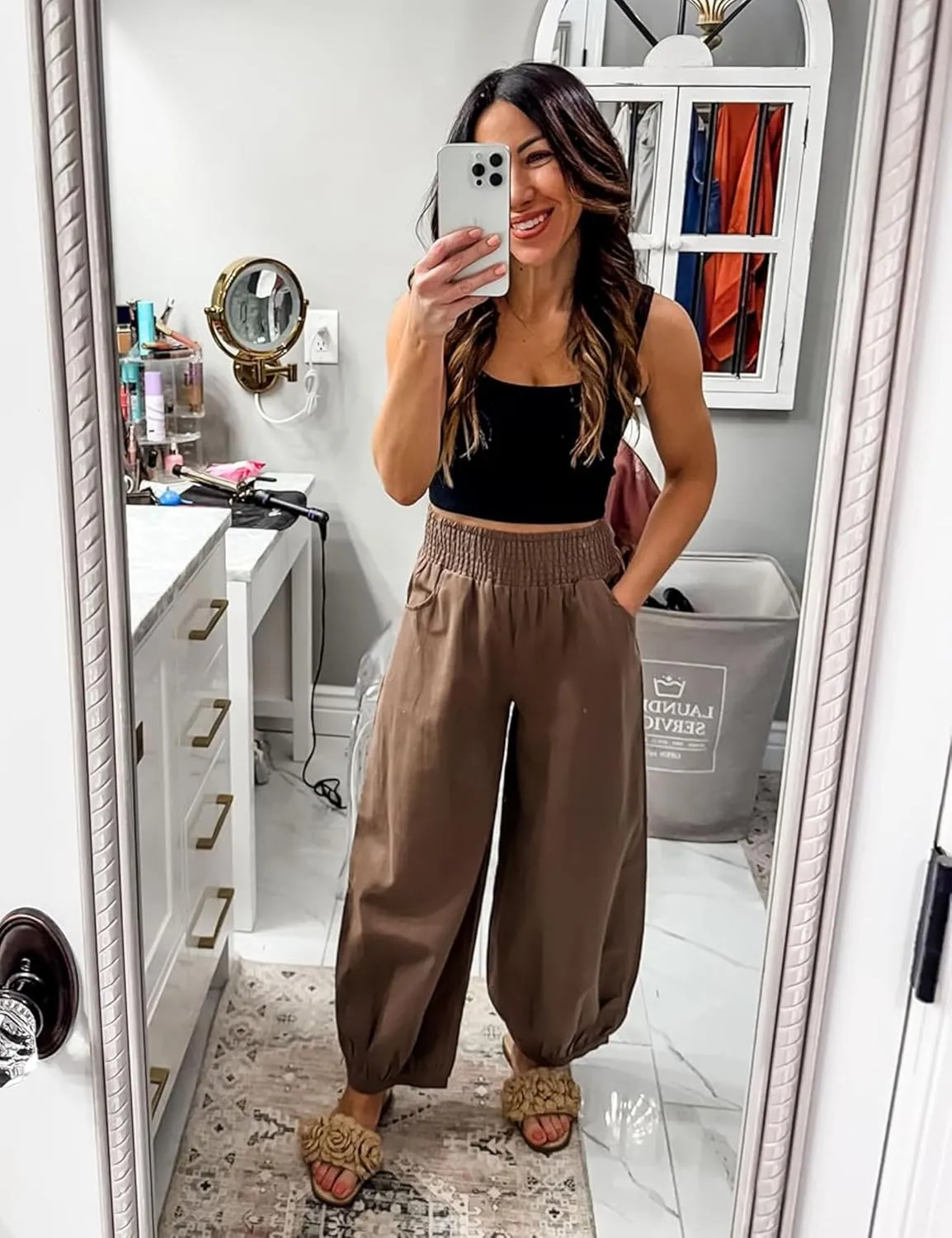 Xiaoxuemeng Womens Wide Leg Pants Cotton Linen Barrel Pants Elastic Waisted Lounge Trousers with Pockets
