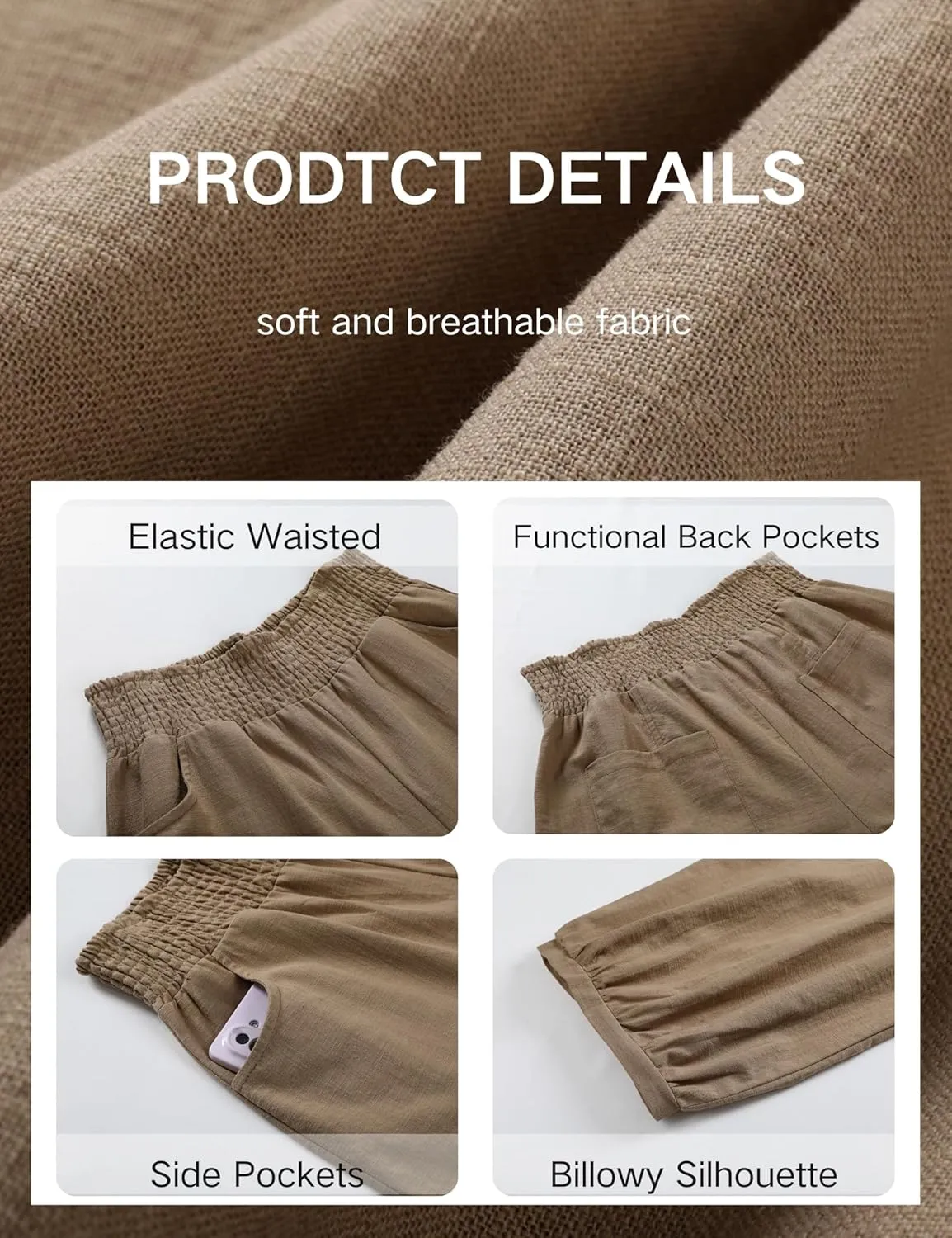 Xiaoxuemeng Womens Wide Leg Pants Cotton Linen Barrel Pants Elastic Waisted Lounge Trousers with Pockets