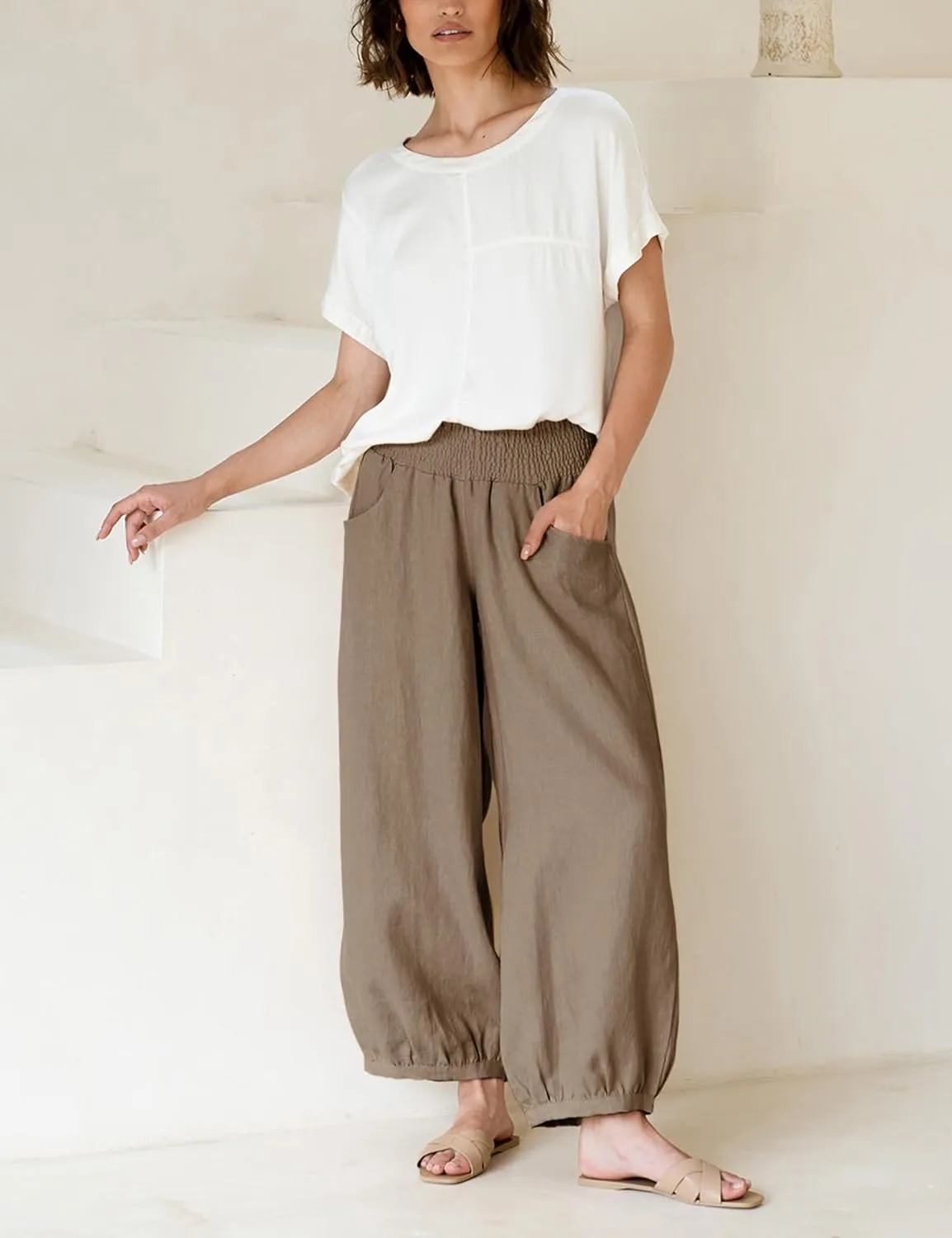Xiaoxuemeng Womens Wide Leg Pants Cotton Linen Barrel Pants Elastic Waisted Lounge Trousers with Pockets
