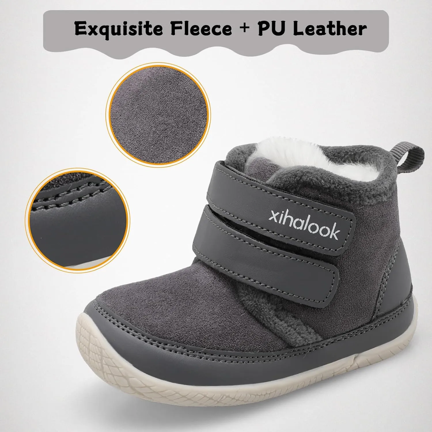 XIHALOOK Toddler Boys Girls Winter Boots Cold Weather Kids Warm Faux Fur Shoes with Two Hook and Loop