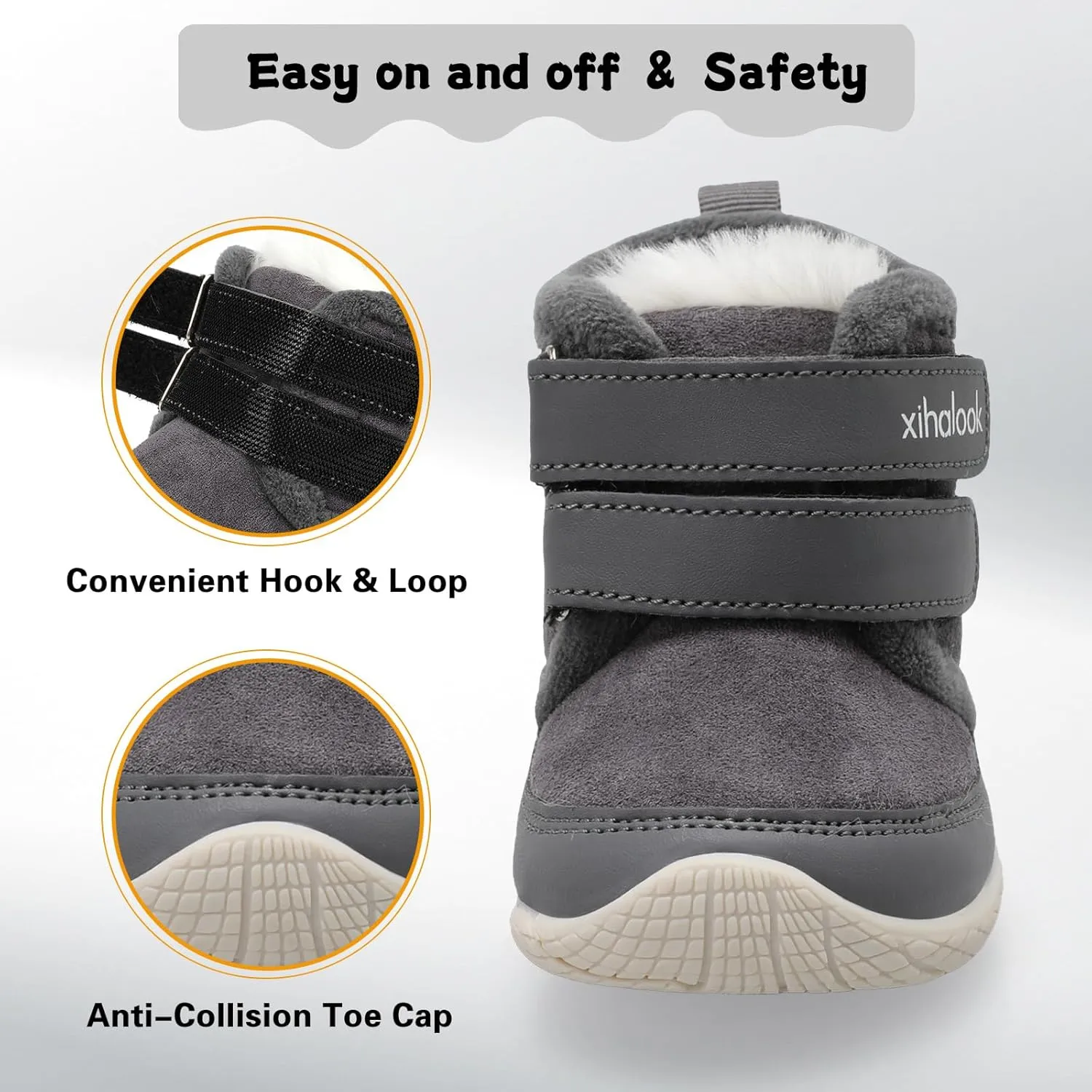 XIHALOOK Toddler Boys Girls Winter Boots Cold Weather Kids Warm Faux Fur Shoes with Two Hook and Loop