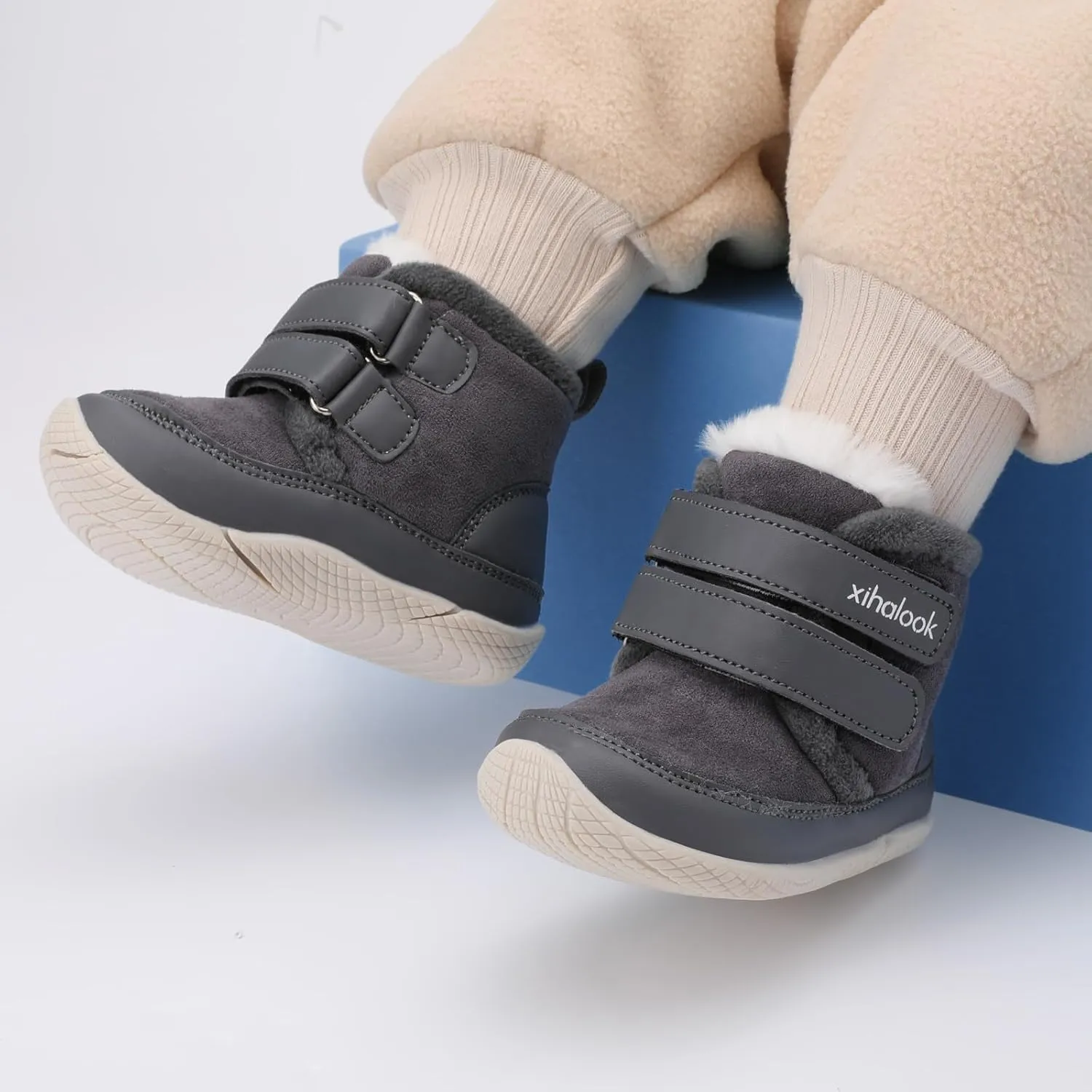 XIHALOOK Toddler Boys Girls Winter Boots Cold Weather Kids Warm Faux Fur Shoes with Two Hook and Loop