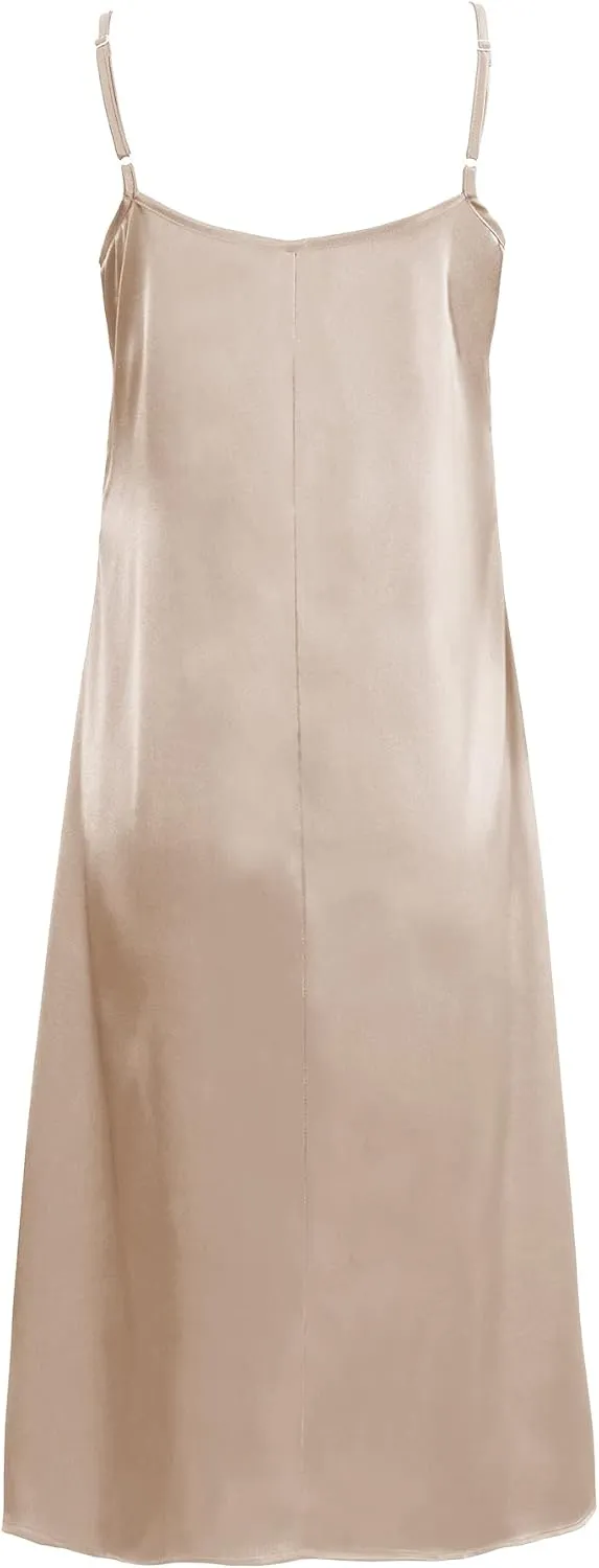 Xintianji Women's Basic Satin Silky Full Slip Midi Loose Dress with V-Neck Sexy Cami Adjustable Strap Wear Nightgown Dresses