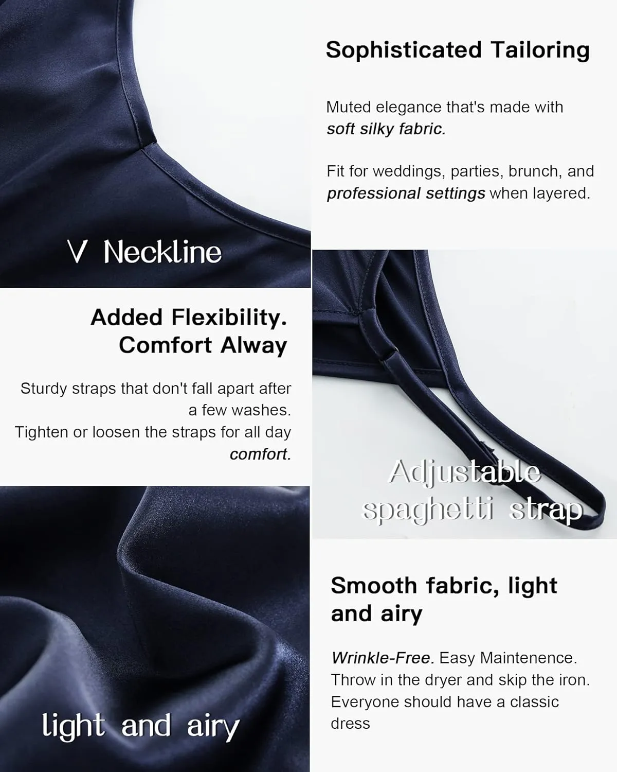 Xintianji Women's Basic Satin Silky Full Slip Midi Loose Dress with V-Neck Sexy Cami Adjustable Strap Wear Nightgown Dresses