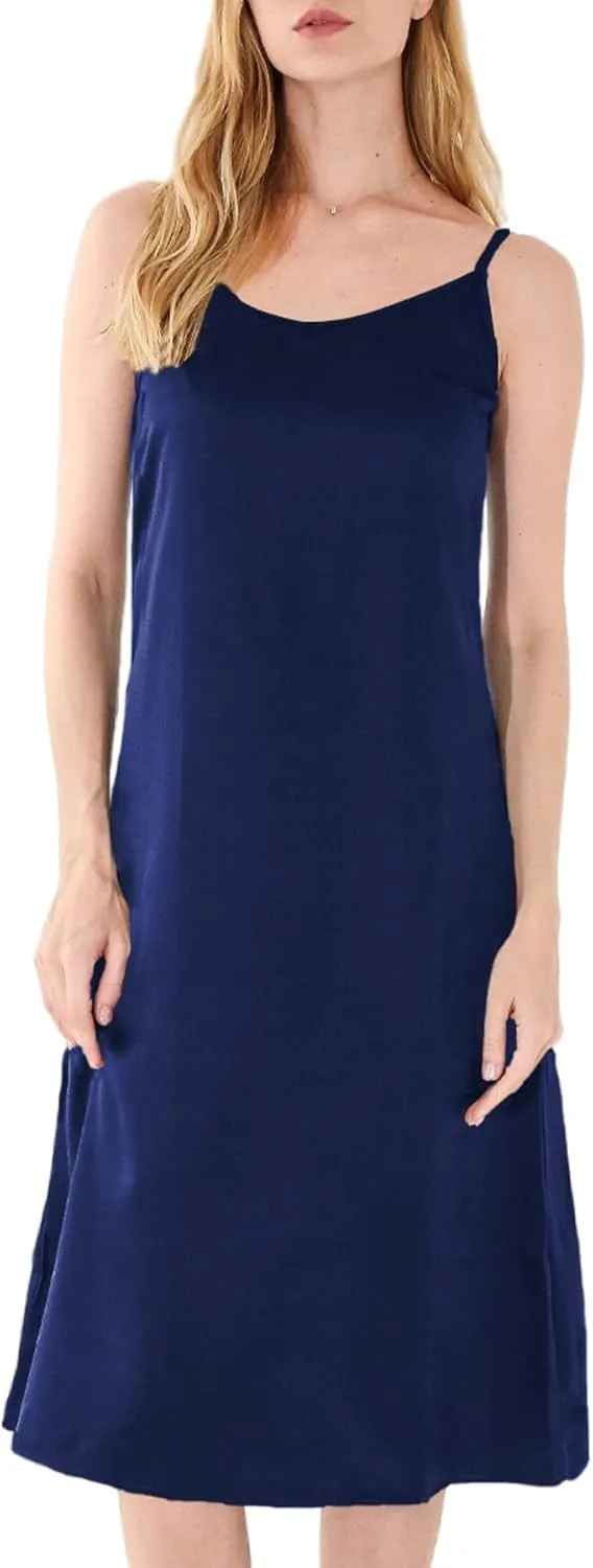 Xintianji Women's Basic Satin Silky Full Slip Midi Loose Dress with V-Neck Sexy Cami Adjustable Strap Wear Nightgown Dresses