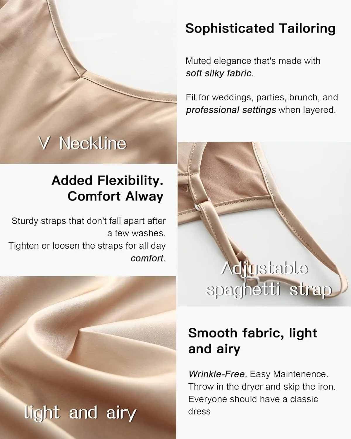 Xintianji Women's Basic Satin Silky Full Slip Midi Loose Dress with V-Neck Sexy Cami Adjustable Strap Wear Nightgown Dresses