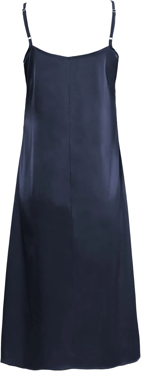 Xintianji Women's Basic Satin Silky Full Slip Midi Loose Dress with V-Neck Sexy Cami Adjustable Strap Wear Nightgown Dresses