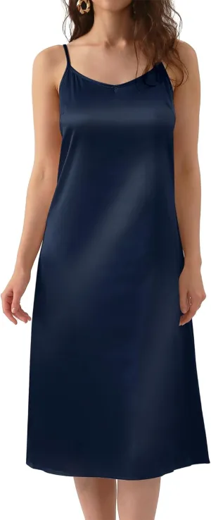 Xintianji Women's Basic Satin Silky Full Slip Midi Loose Dress with V-Neck Sexy Cami Adjustable Strap Wear Nightgown Dresses