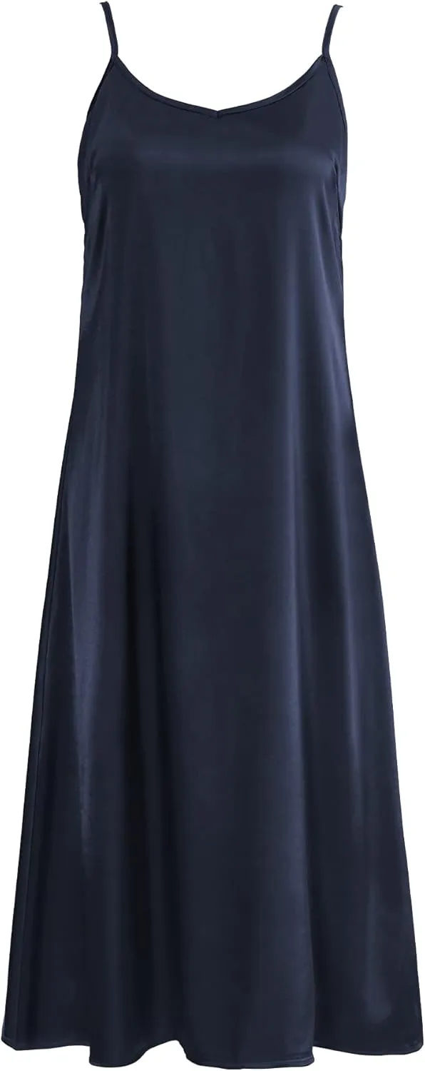 Xintianji Women's Basic Satin Silky Full Slip Midi Loose Dress with V-Neck Sexy Cami Adjustable Strap Wear Nightgown Dresses