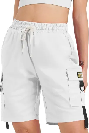 XinYangNi Women's Casual Cargo Shorts with Pockets Elastic High Waist Drawstring Bermuda Shorts for Women