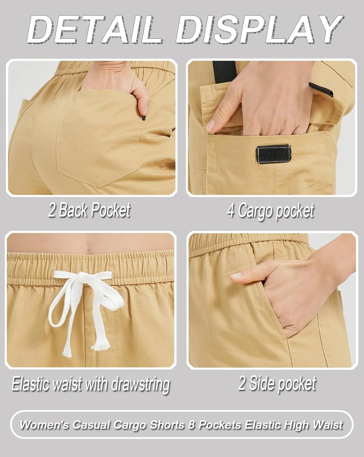 XinYangNi Women's Casual Cargo Shorts with Pockets Elastic High Waist Drawstring Bermuda Shorts for Women