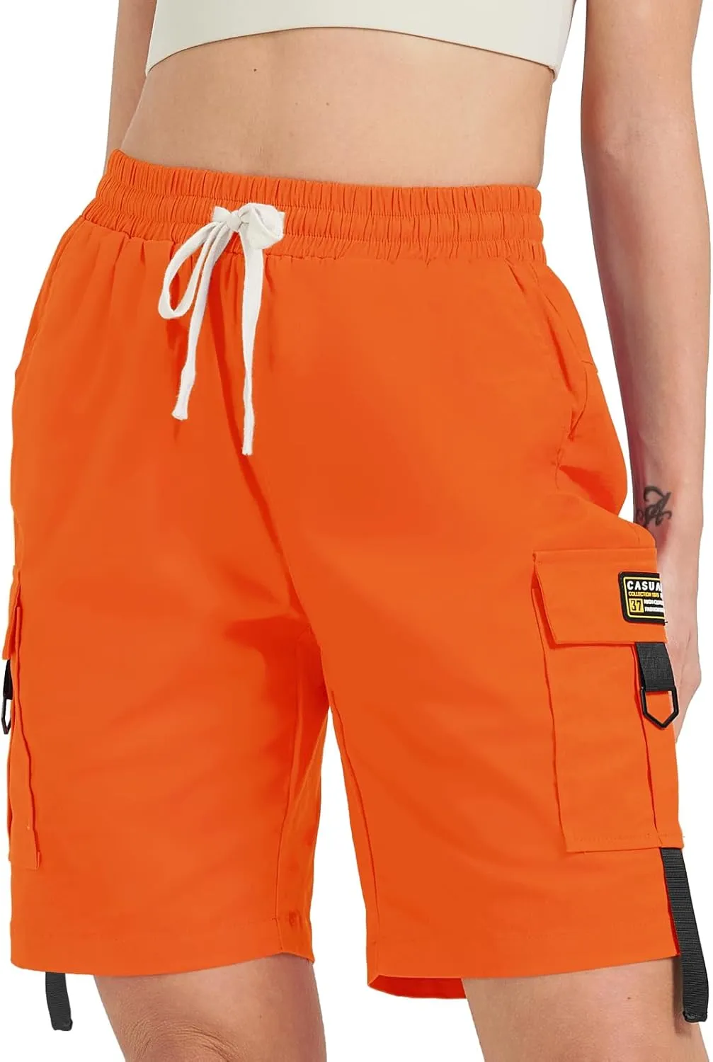 XinYangNi Women's Casual Cargo Shorts with Pockets Elastic High Waist Drawstring Bermuda Shorts for Women