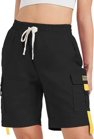 XinYangNi Women's Casual Cargo Shorts with Pockets Elastic High Waist Drawstring Bermuda Shorts for Women