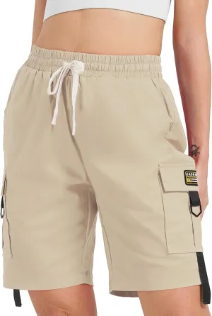 XinYangNi Women's Casual Cargo Shorts with Pockets Elastic High Waist Drawstring Bermuda Shorts for Women