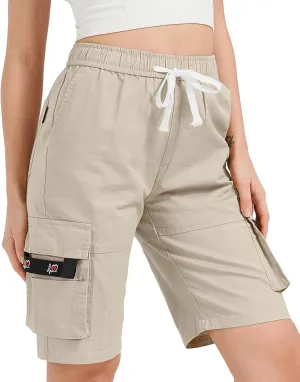 XinYangNi Women's Casual Cargo Shorts with Pockets Elastic High Waist Drawstring Bermuda Shorts for Women