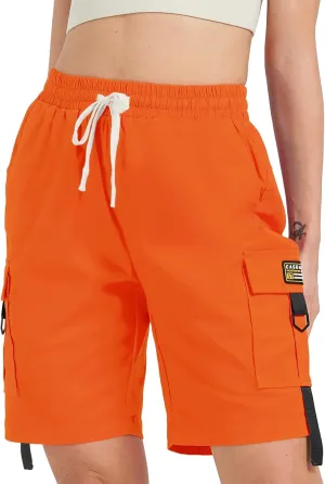 XinYangNi Women's Casual Cargo Shorts with Pockets Elastic High Waist Drawstring Bermuda Shorts for Women
