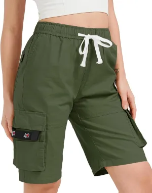 XinYangNi Women's Casual Cargo Shorts with Pockets Elastic High Waist Drawstring Bermuda Shorts for Women