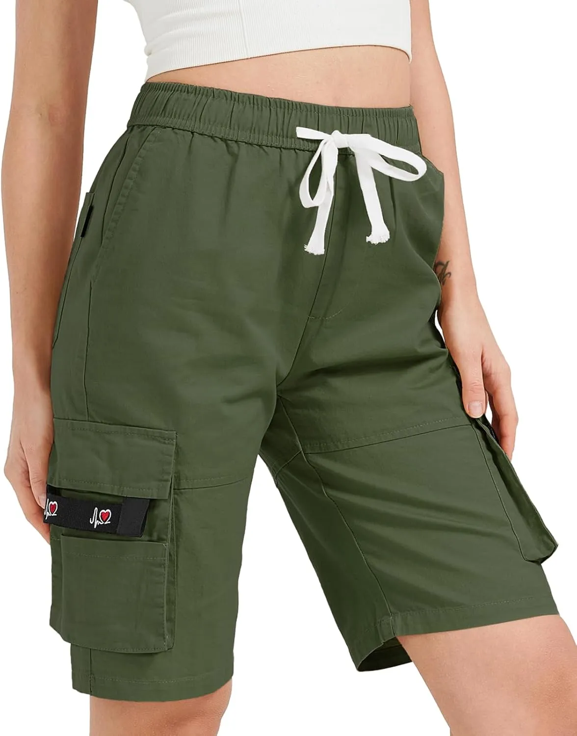 XinYangNi Women's Casual Cargo Shorts with Pockets Elastic High Waist Drawstring Bermuda Shorts for Women