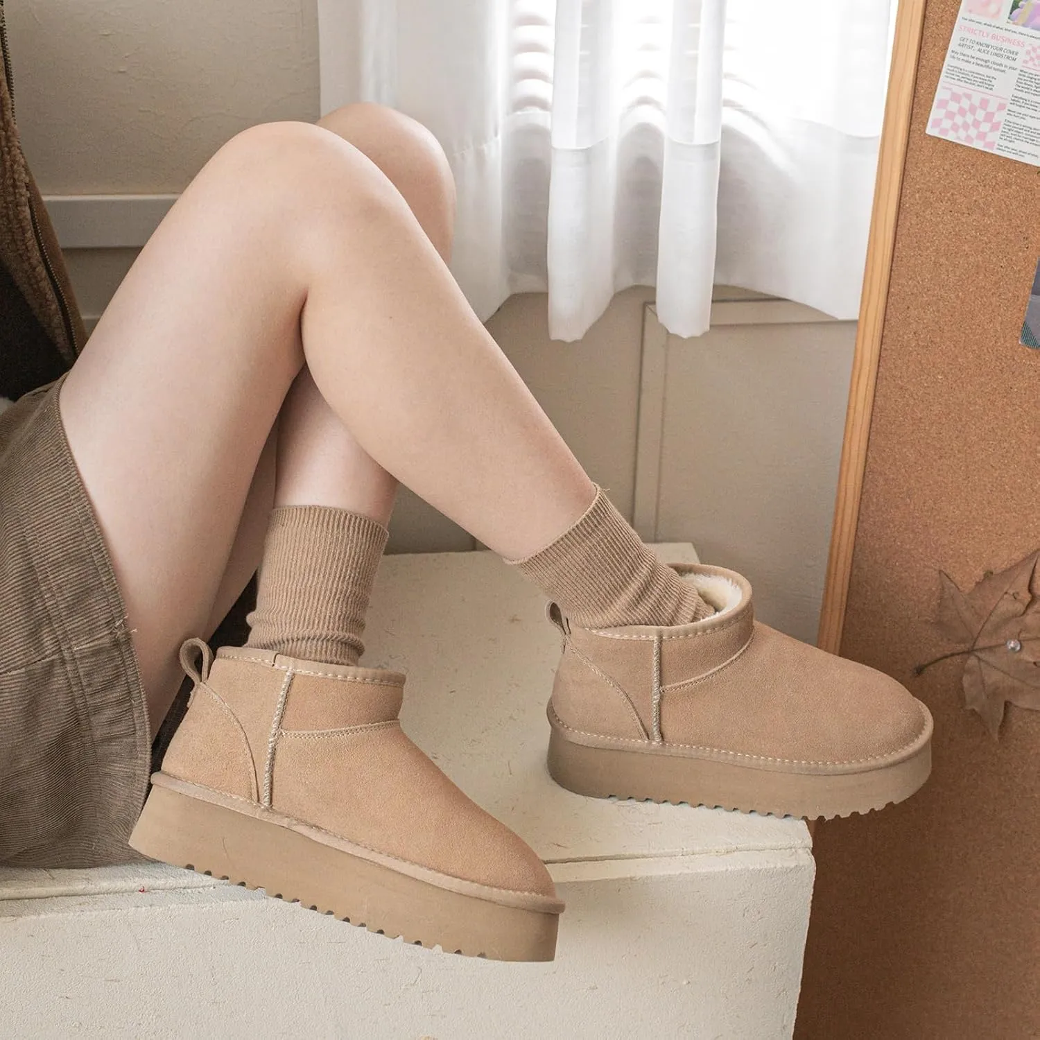 XIXITIAO Platform Wool Lining Mini Boots for Women,Genuine Suede Snow Boots with Memory Foam,Classic Winter Women's Ankle Boots,Water Resistant Short Boots