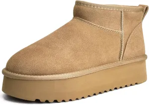 XIXITIAO Platform Wool Lining Mini Boots for Women,Genuine Suede Snow Boots with Memory Foam,Classic Winter Women's Ankle Boots,Water Resistant Short Boots