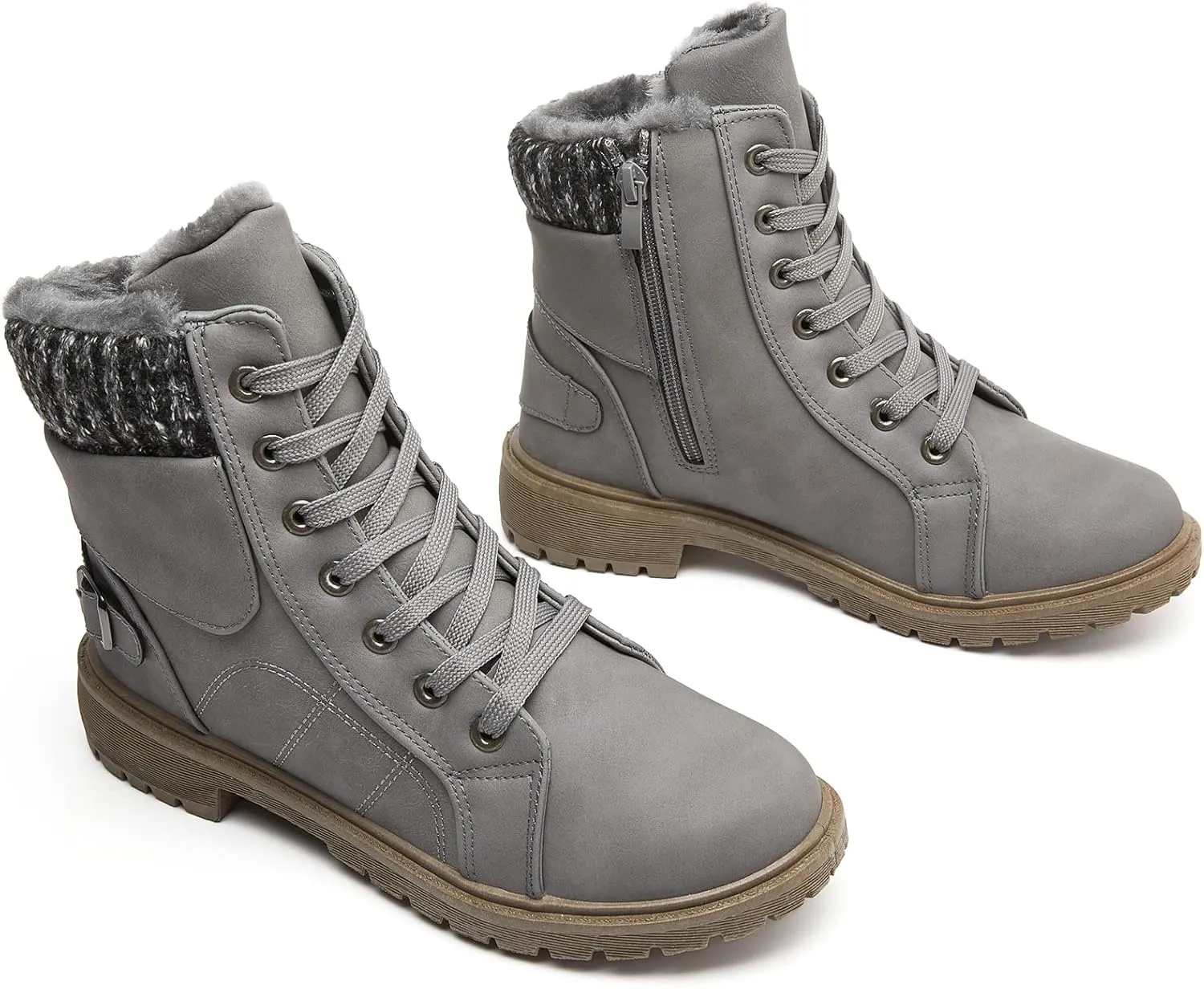 XRH Women Lace Up Combat Boot Winter Snow Boots Warm Fur Lined Ankle Booties Waterproof Hiking Boot for Women Non Slip Leather Boots Shoes