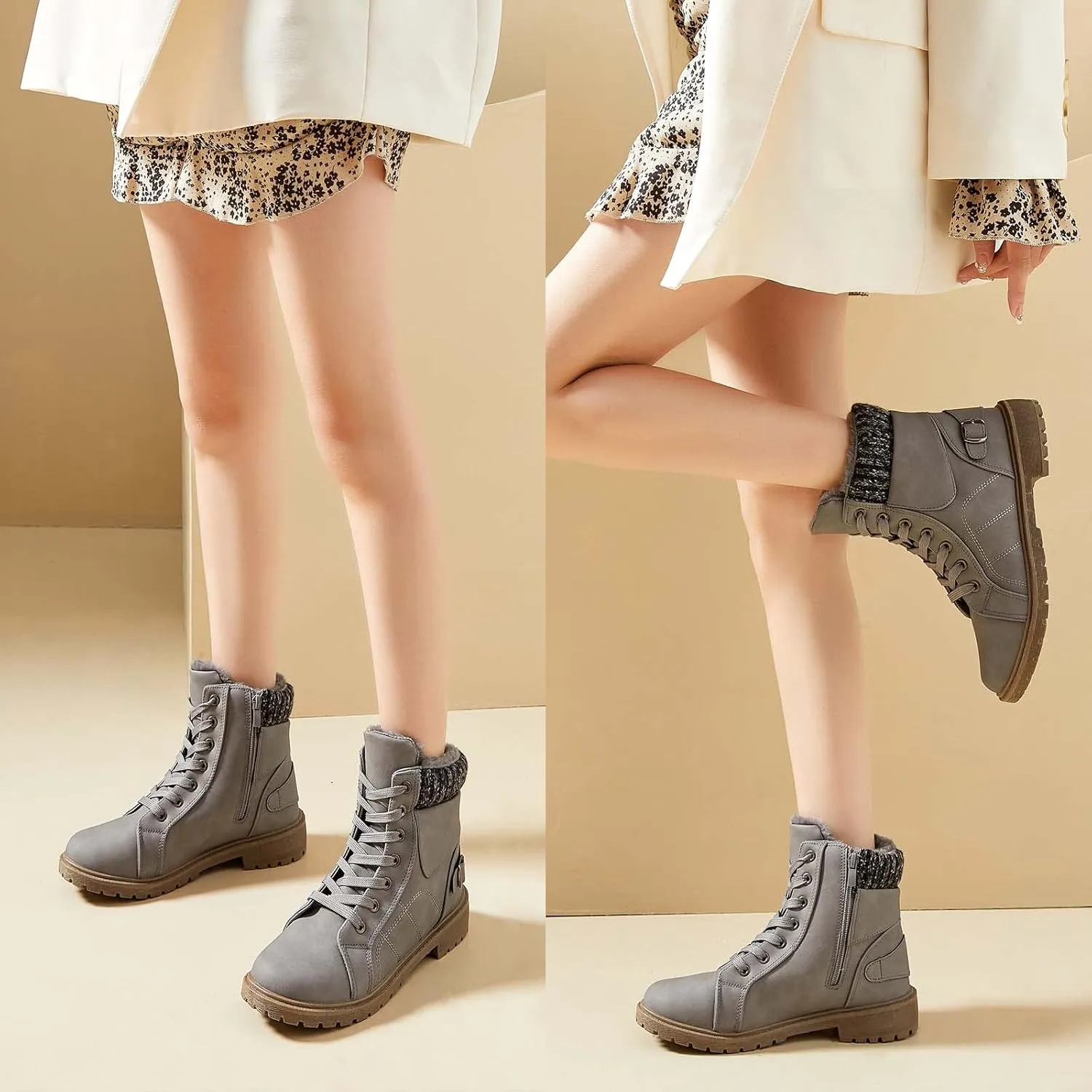 XRH Women Lace Up Combat Boot Winter Snow Boots Warm Fur Lined Ankle Booties Waterproof Hiking Boot for Women Non Slip Leather Boots Shoes