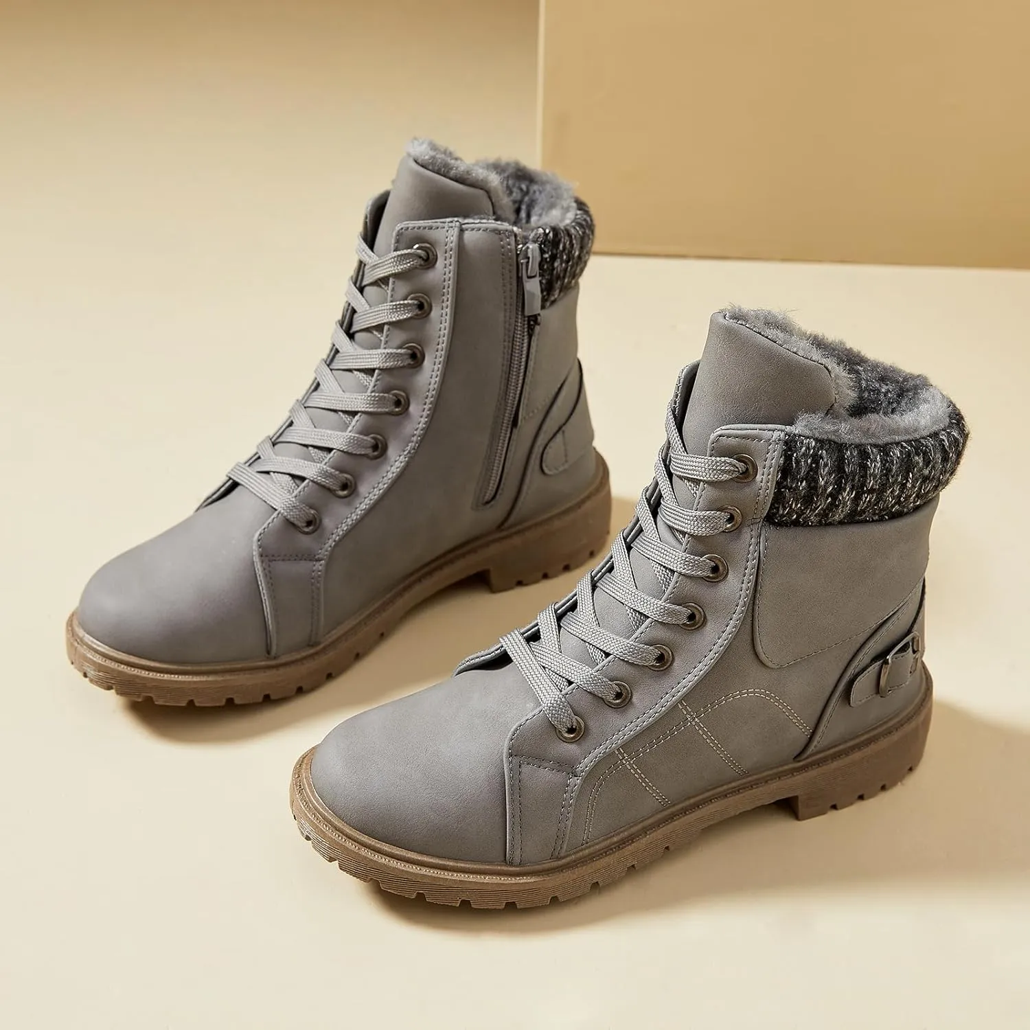 XRH Women Lace Up Combat Boot Winter Snow Boots Warm Fur Lined Ankle Booties Waterproof Hiking Boot for Women Non Slip Leather Boots Shoes