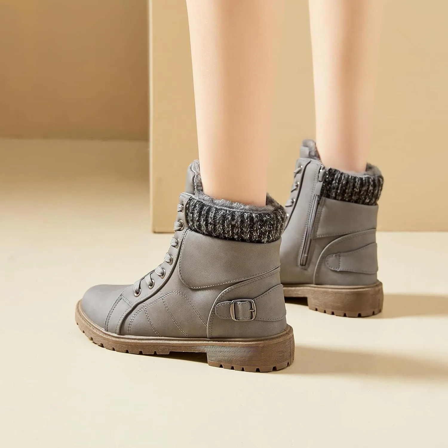 XRH Women Lace Up Combat Boot Winter Snow Boots Warm Fur Lined Ankle Booties Waterproof Hiking Boot for Women Non Slip Leather Boots Shoes