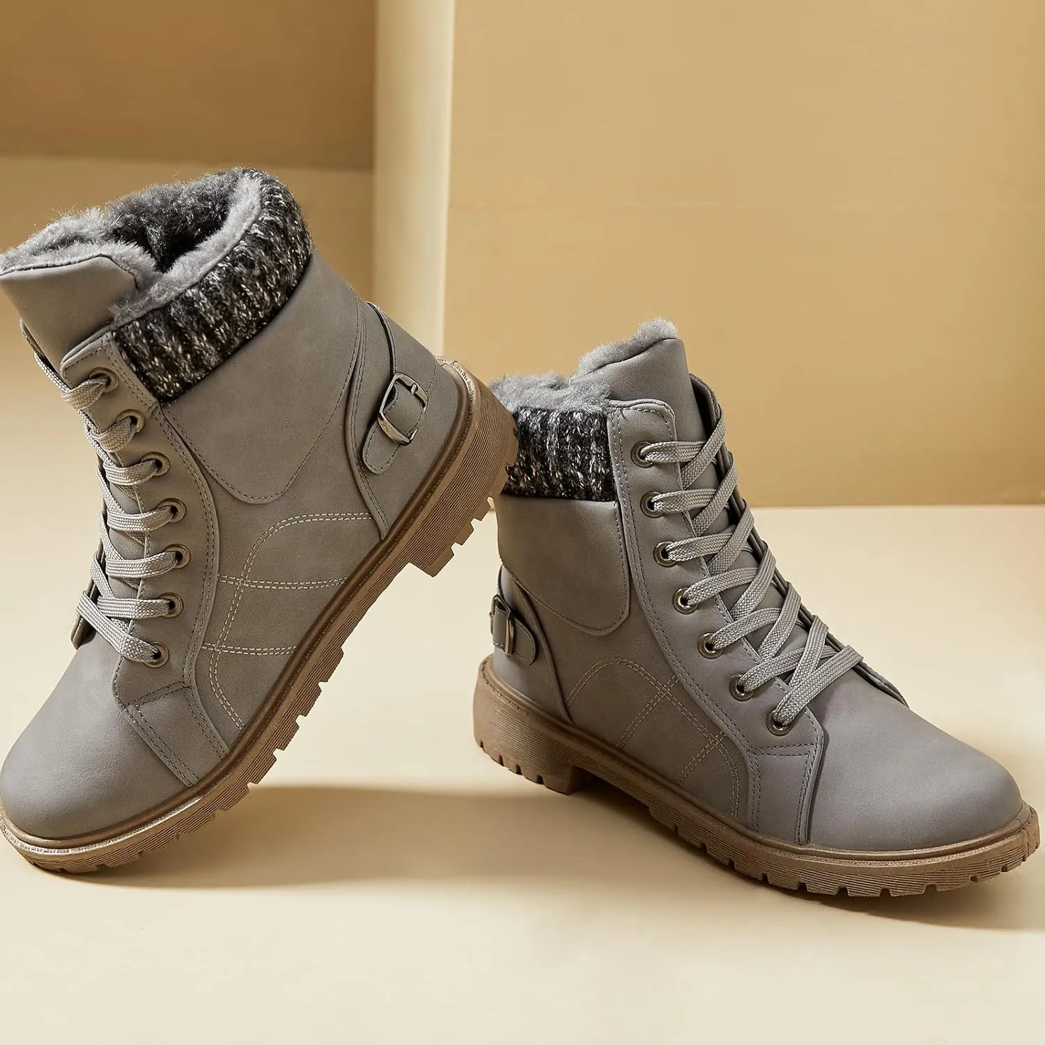 XRH Women Lace Up Combat Boot Winter Snow Boots Warm Fur Lined Ankle Booties Waterproof Hiking Boot for Women Non Slip Leather Boots Shoes