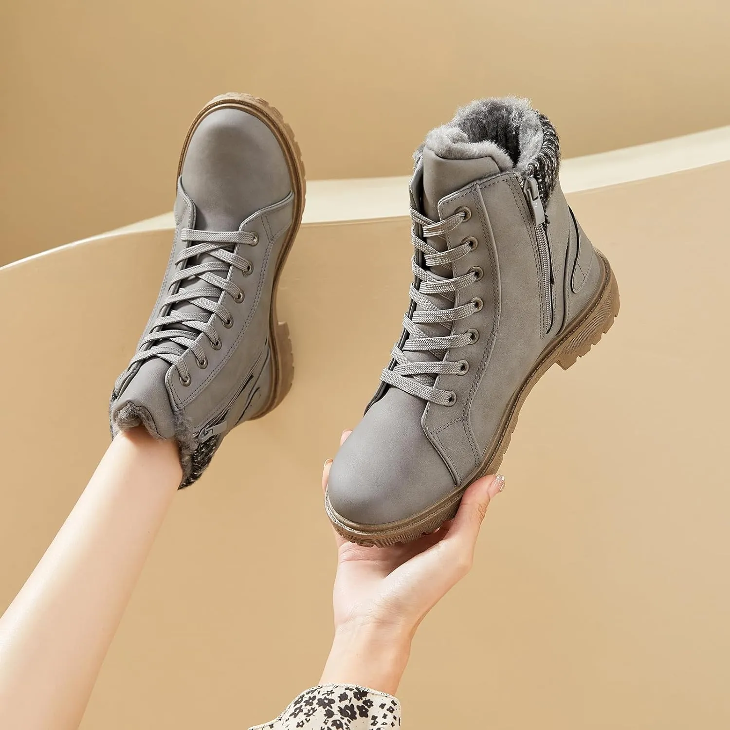 XRH Women Lace Up Combat Boot Winter Snow Boots Warm Fur Lined Ankle Booties Waterproof Hiking Boot for Women Non Slip Leather Boots Shoes