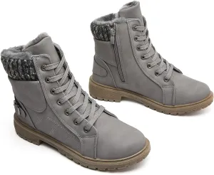 XRH Women Lace Up Combat Boot Winter Snow Boots Warm Fur Lined Ankle Booties Waterproof Hiking Boot for Women Non Slip Leather Boots Shoes