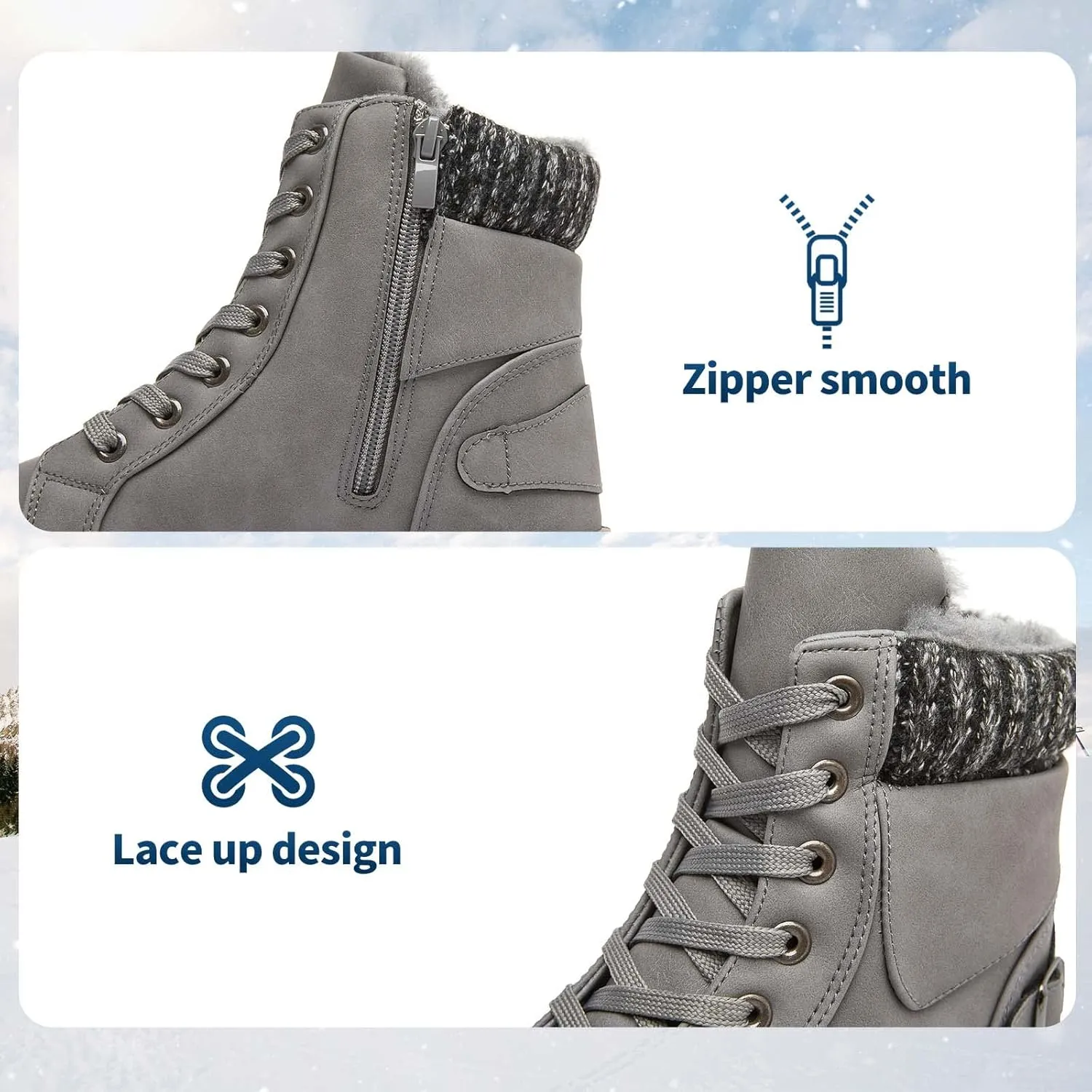 XRH Women Lace Up Combat Boot Winter Snow Boots Warm Fur Lined Ankle Booties Waterproof Hiking Boot for Women Non Slip Leather Boots Shoes