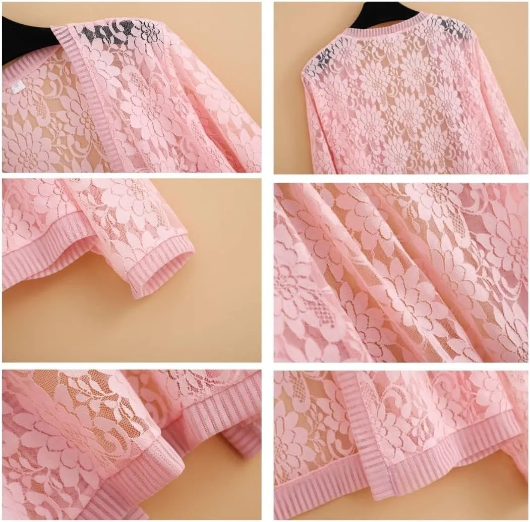 Xunger Women’s 3/4 Sleeve Lace Cardigan Casual Open Front Floral Lace Shrug Summer Cover Up