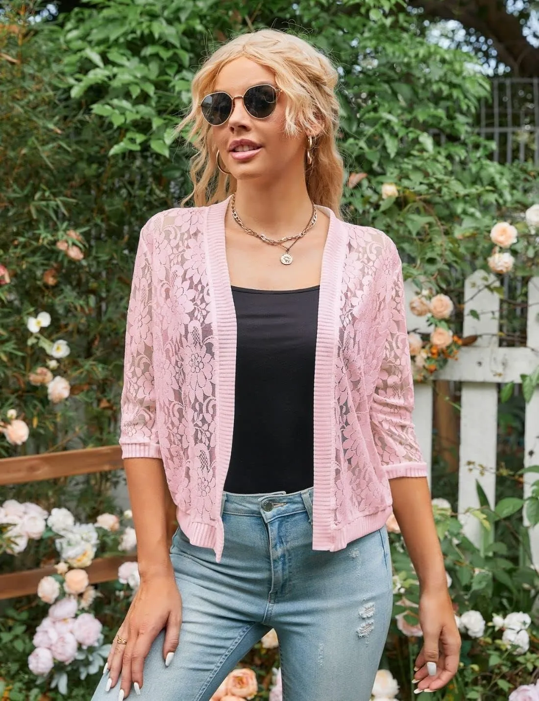 Xunger Women’s 3/4 Sleeve Lace Cardigan Casual Open Front Floral Lace Shrug Summer Cover Up