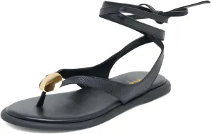 XYD Women Round Open Toe Metal Gold Hardware Flip Flops Ankle Wrap Lace-up Flat Sandals Daily Holiday Dress Shoes