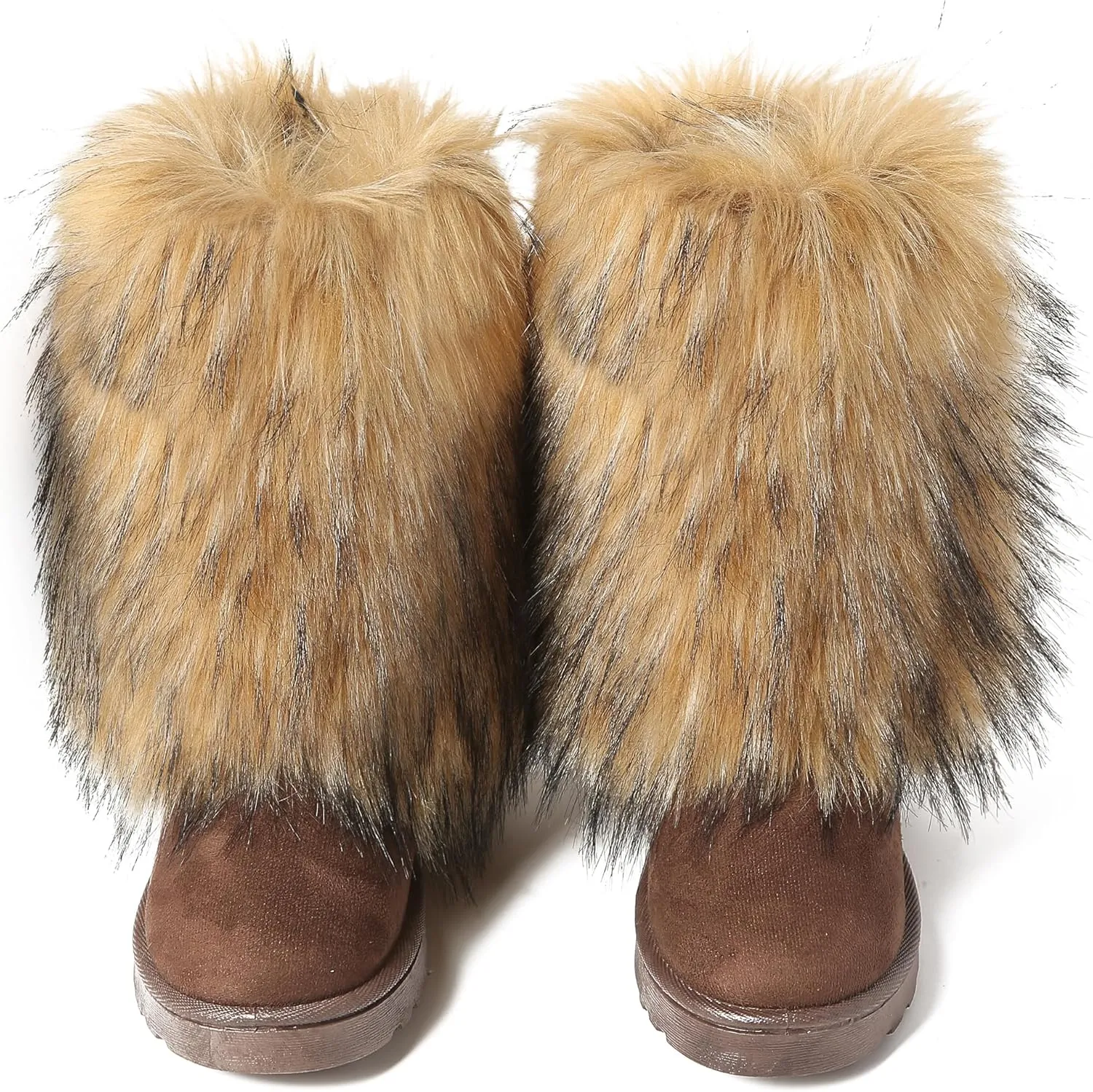 yamerbo Faux Fur Boots for Women, Fuzzy Flurry Furry Leg Warm Boots, Winter Mid-Calf Snow Shoes, Round Toe Suede Winter Warm Flat Short Boots for Outdoors