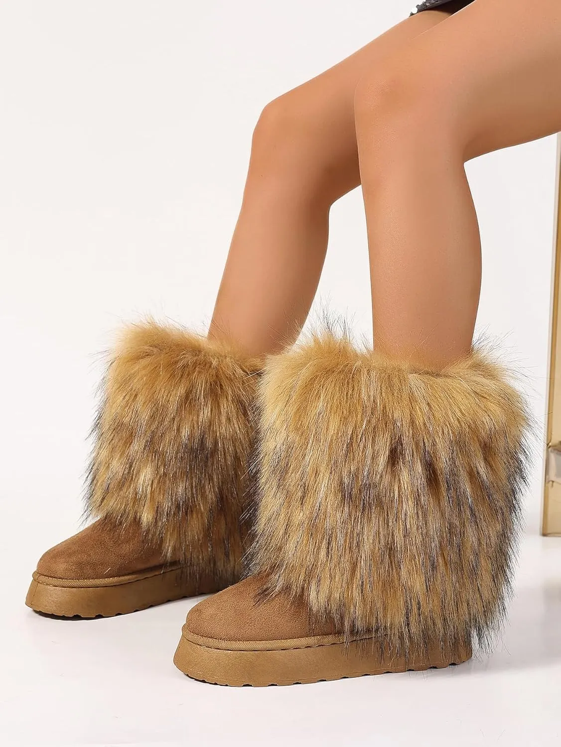 yamerbo Faux Fur Boots for Women, Fuzzy Flurry Furry Leg Warm Boots, Winter Mid-Calf Snow Shoes, Round Toe Suede Winter Warm Flat Short Boots for Outdoors