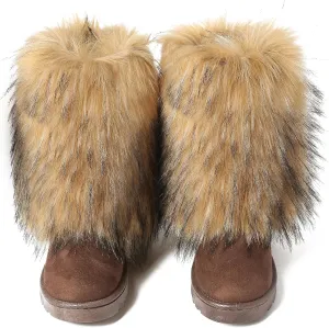 yamerbo Faux Fur Boots for Women, Fuzzy Flurry Furry Leg Warm Boots, Winter Mid-Calf Snow Shoes, Round Toe Suede Winter Warm Flat Short Boots for Outdoors
