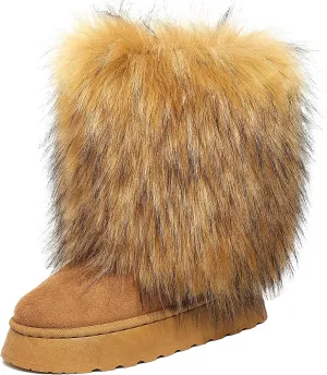 yamerbo Faux Fur Boots for Women, Fuzzy Flurry Furry Leg Warm Boots, Winter Mid-Calf Snow Shoes, Round Toe Suede Winter Warm Flat Short Boots for Outdoors