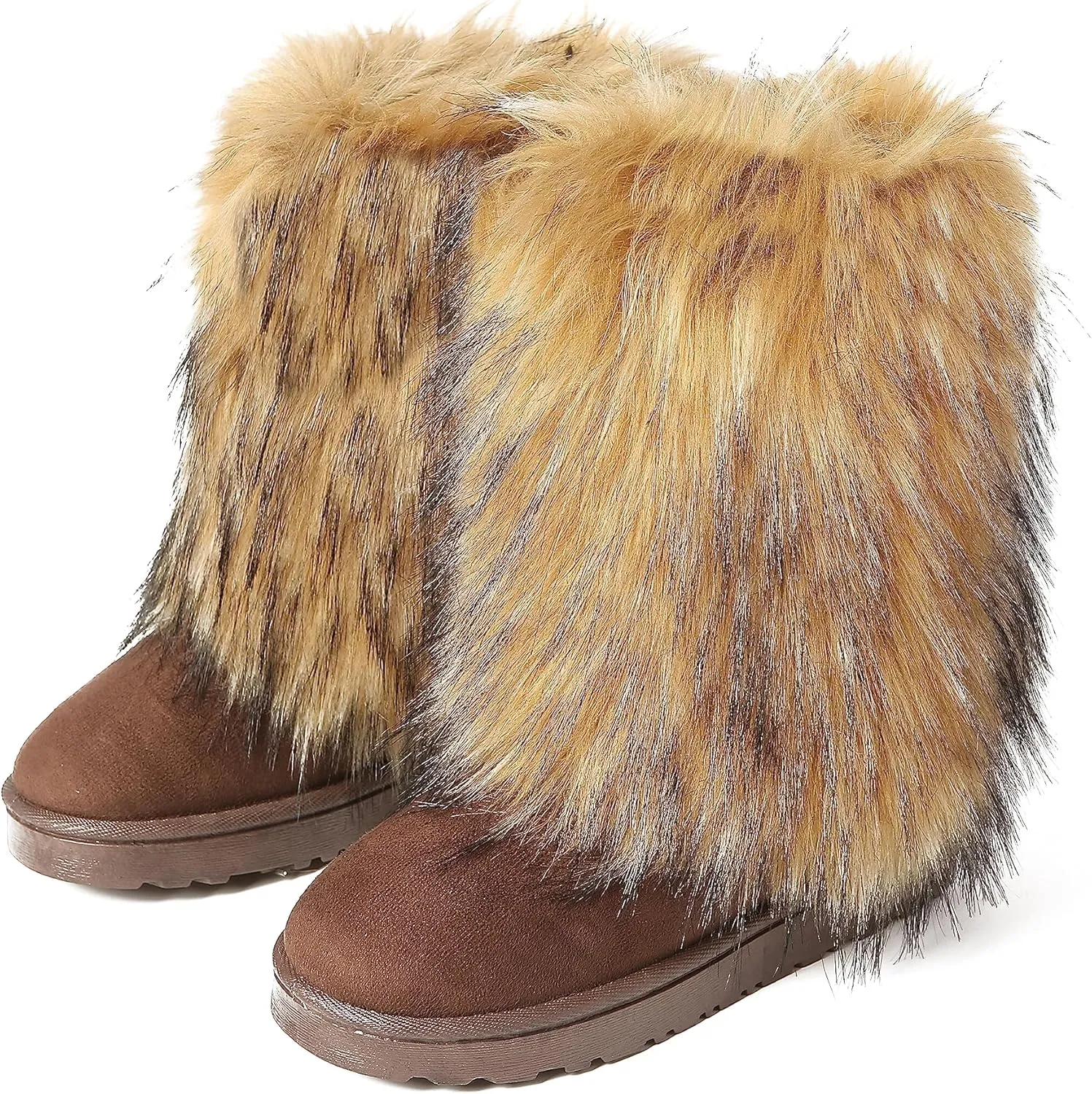 yamerbo Faux Fur Boots for Women, Fuzzy Flurry Furry Leg Warm Boots, Winter Mid-Calf Snow Shoes, Round Toe Suede Winter Warm Flat Short Boots for Outdoors