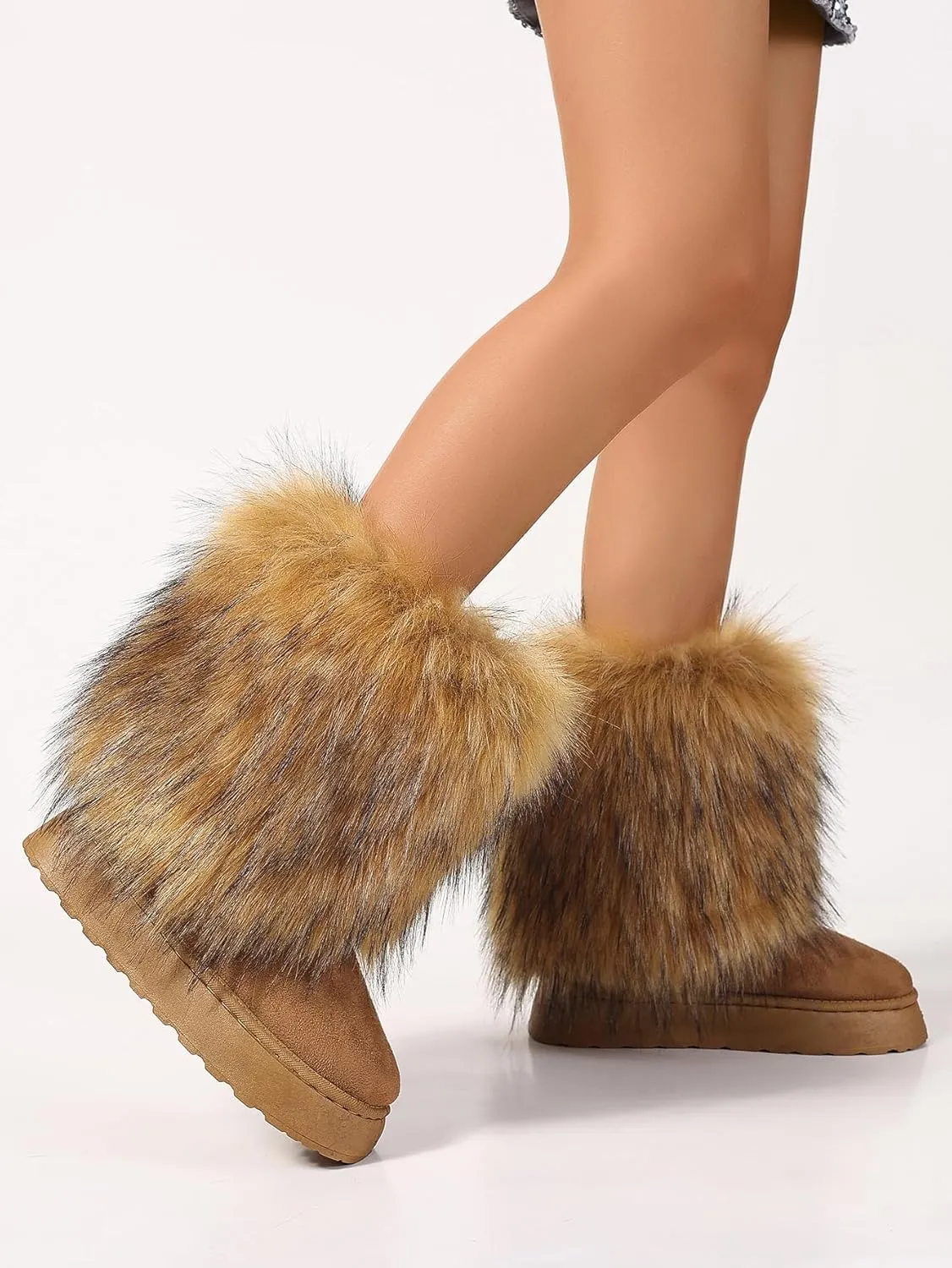 yamerbo Faux Fur Boots for Women, Fuzzy Flurry Furry Leg Warm Boots, Winter Mid-Calf Snow Shoes, Round Toe Suede Winter Warm Flat Short Boots for Outdoors