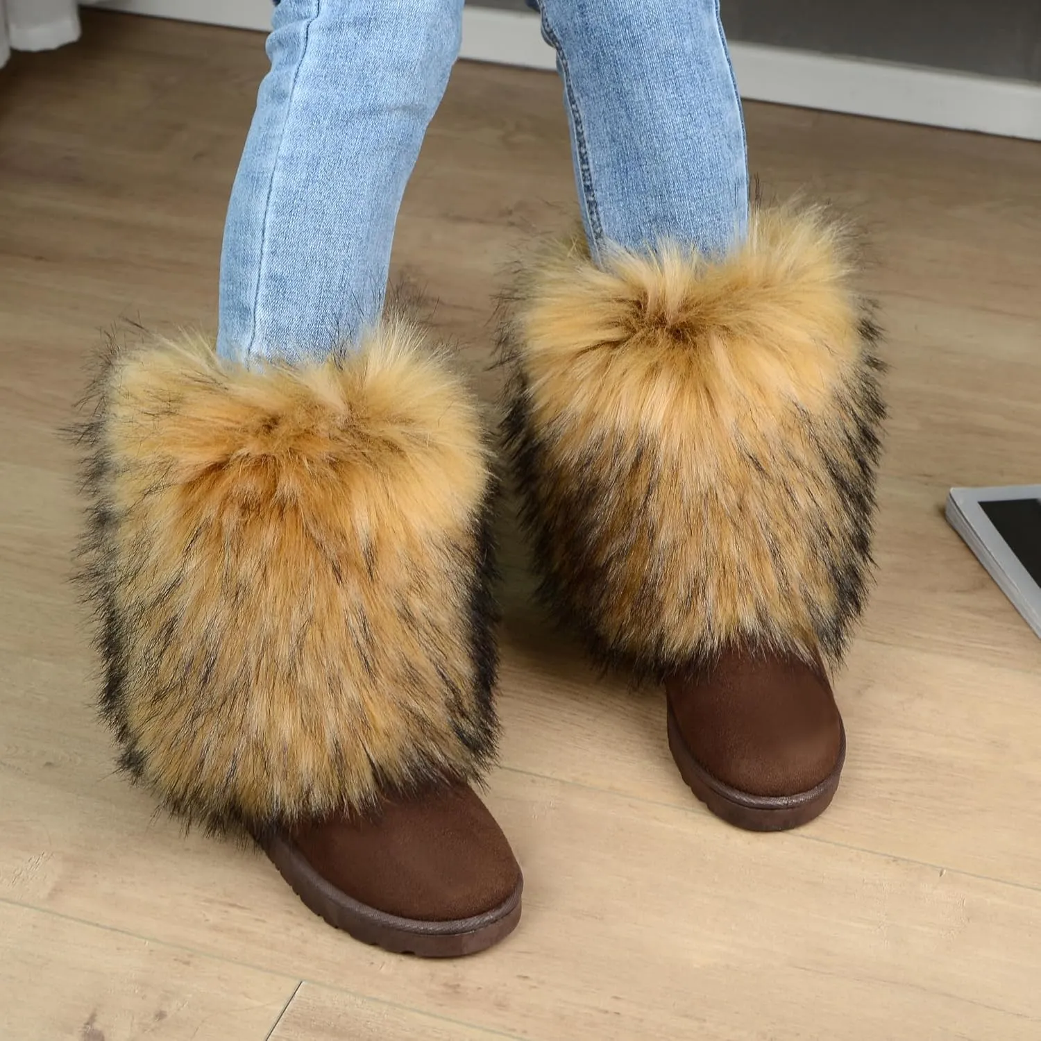 yamerbo Faux Fur Boots for Women, Fuzzy Flurry Furry Leg Warm Boots, Winter Mid-Calf Snow Shoes, Round Toe Suede Winter Warm Flat Short Boots for Outdoors