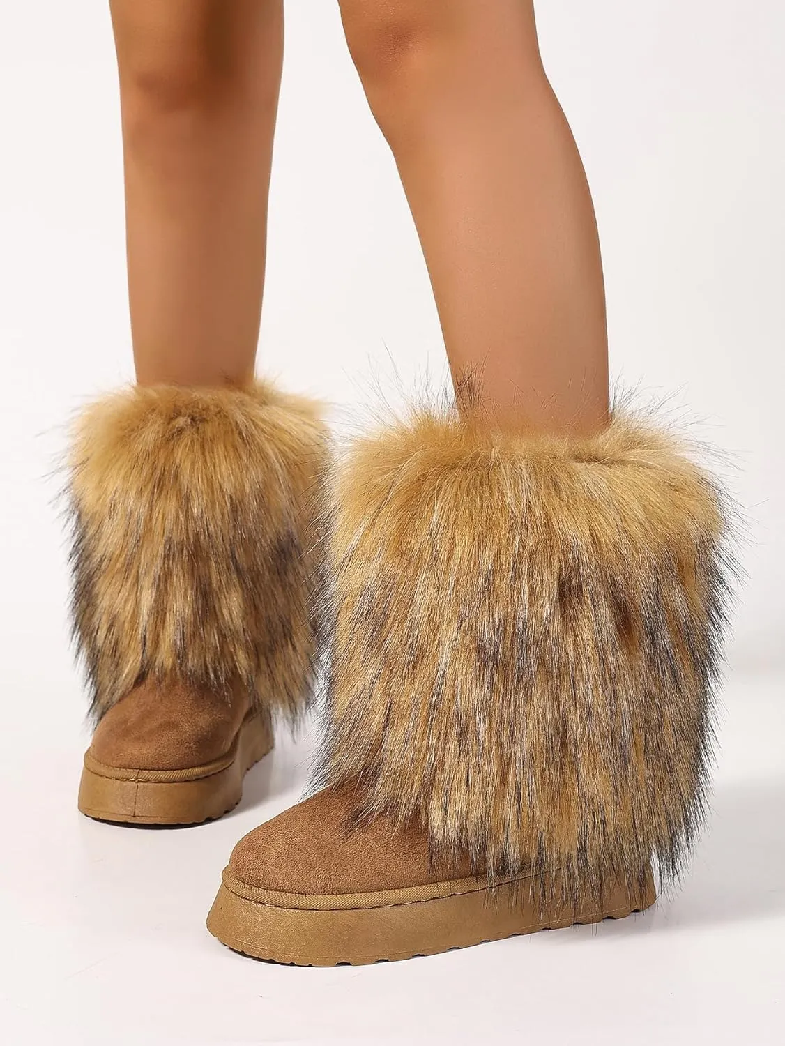 yamerbo Faux Fur Boots for Women, Fuzzy Flurry Furry Leg Warm Boots, Winter Mid-Calf Snow Shoes, Round Toe Suede Winter Warm Flat Short Boots for Outdoors