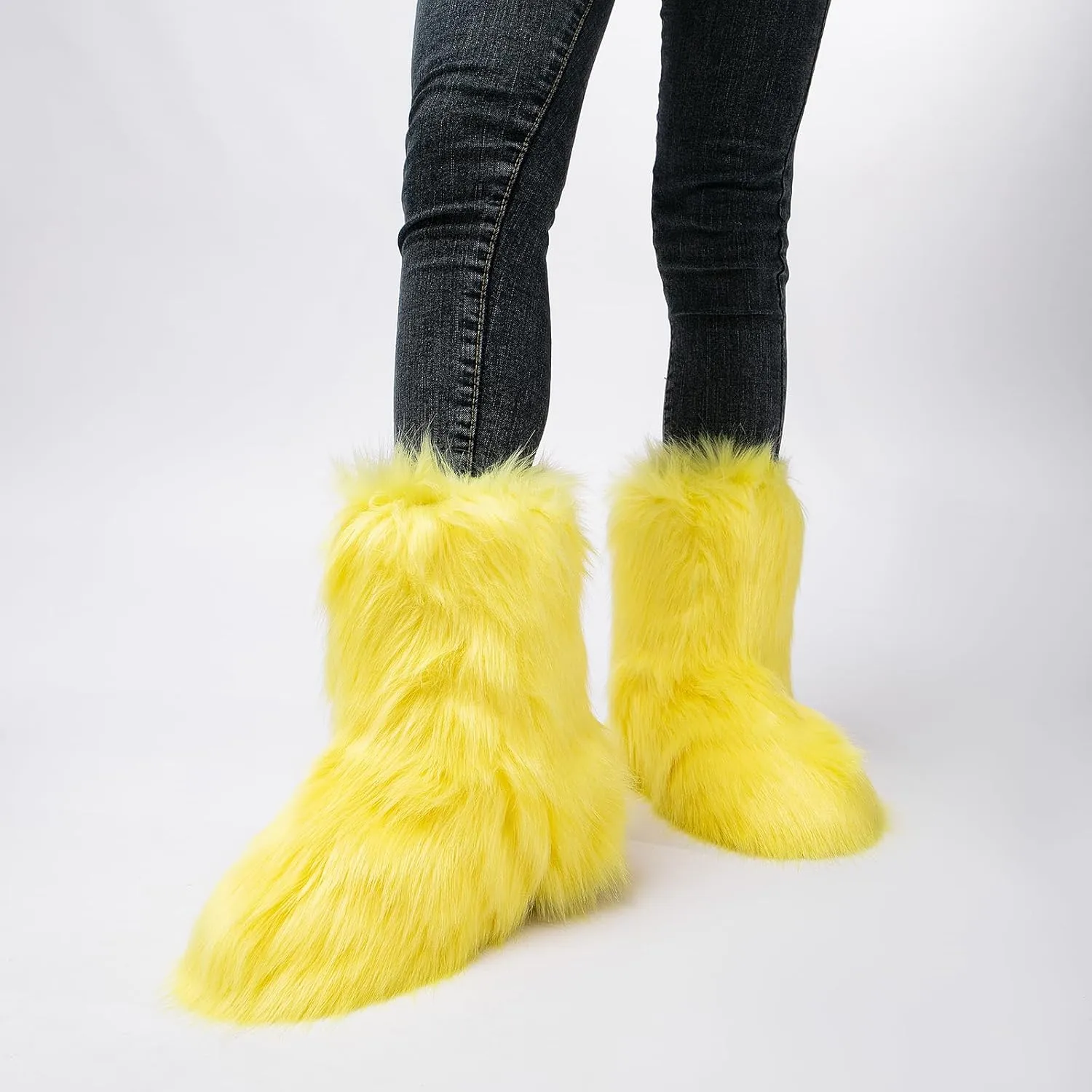 yamerbo Faux Fur Boots for Women, Fuzzy Flurry Furry Leg Warm Boots, Winter Mid-Calf Snow Shoes