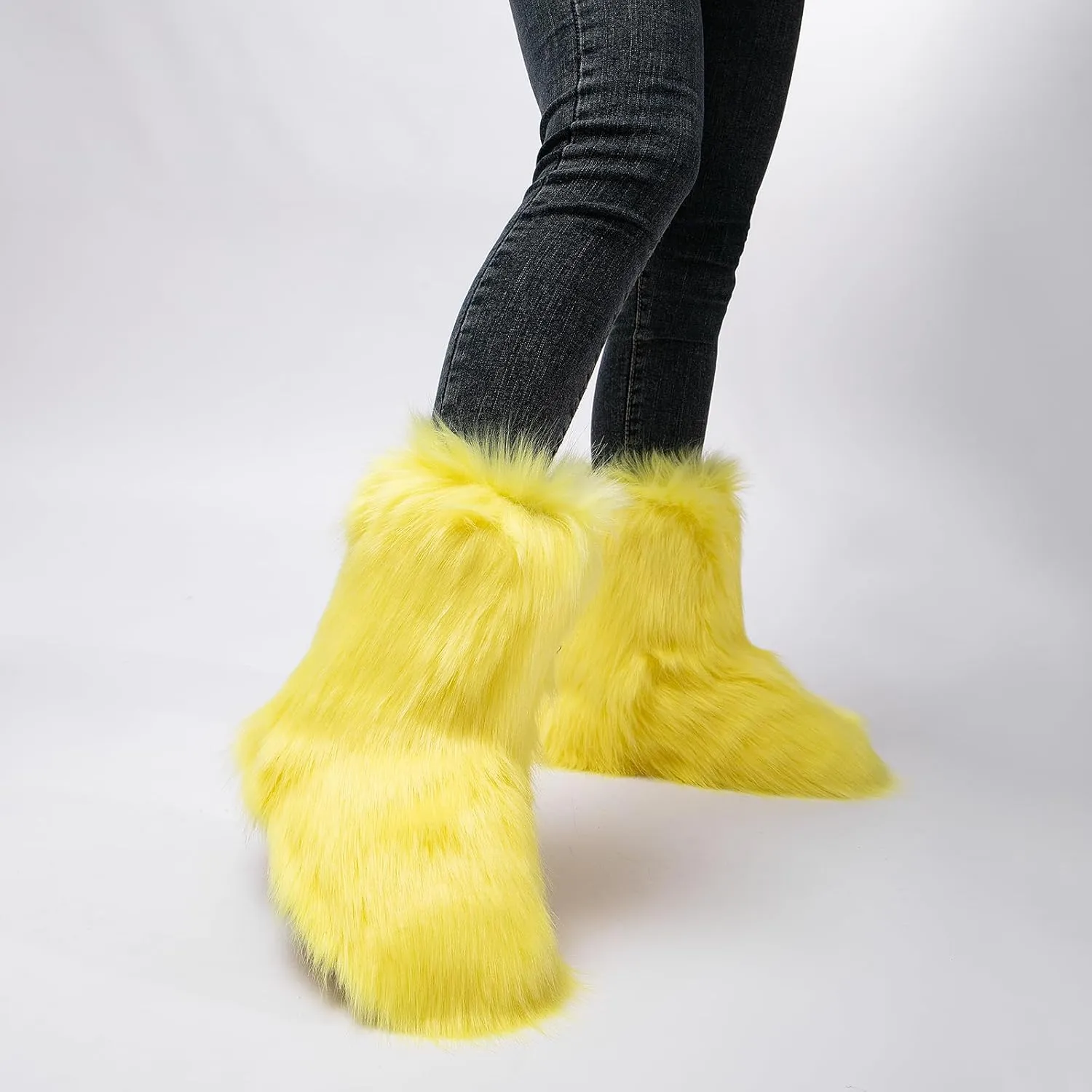 yamerbo Faux Fur Boots for Women, Fuzzy Flurry Furry Leg Warm Boots, Winter Mid-Calf Snow Shoes