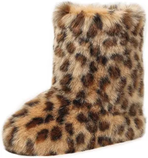 yamerbo Women's Faux Fur Boots Furry Fuzzy Fluffy Y2k Winter Snow Shoes Puffy Warm Short Mid-Calf Boots for Outdoor-Brown