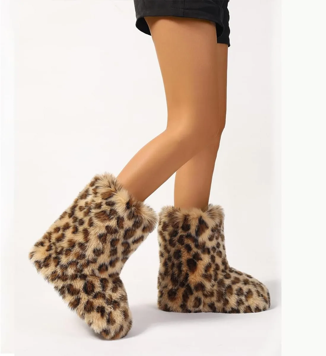 yamerbo Women's Faux Fur Boots Furry Fuzzy Fluffy Y2k Winter Snow Shoes Puffy Warm Short Mid-Calf Boots for Outdoor-Brown