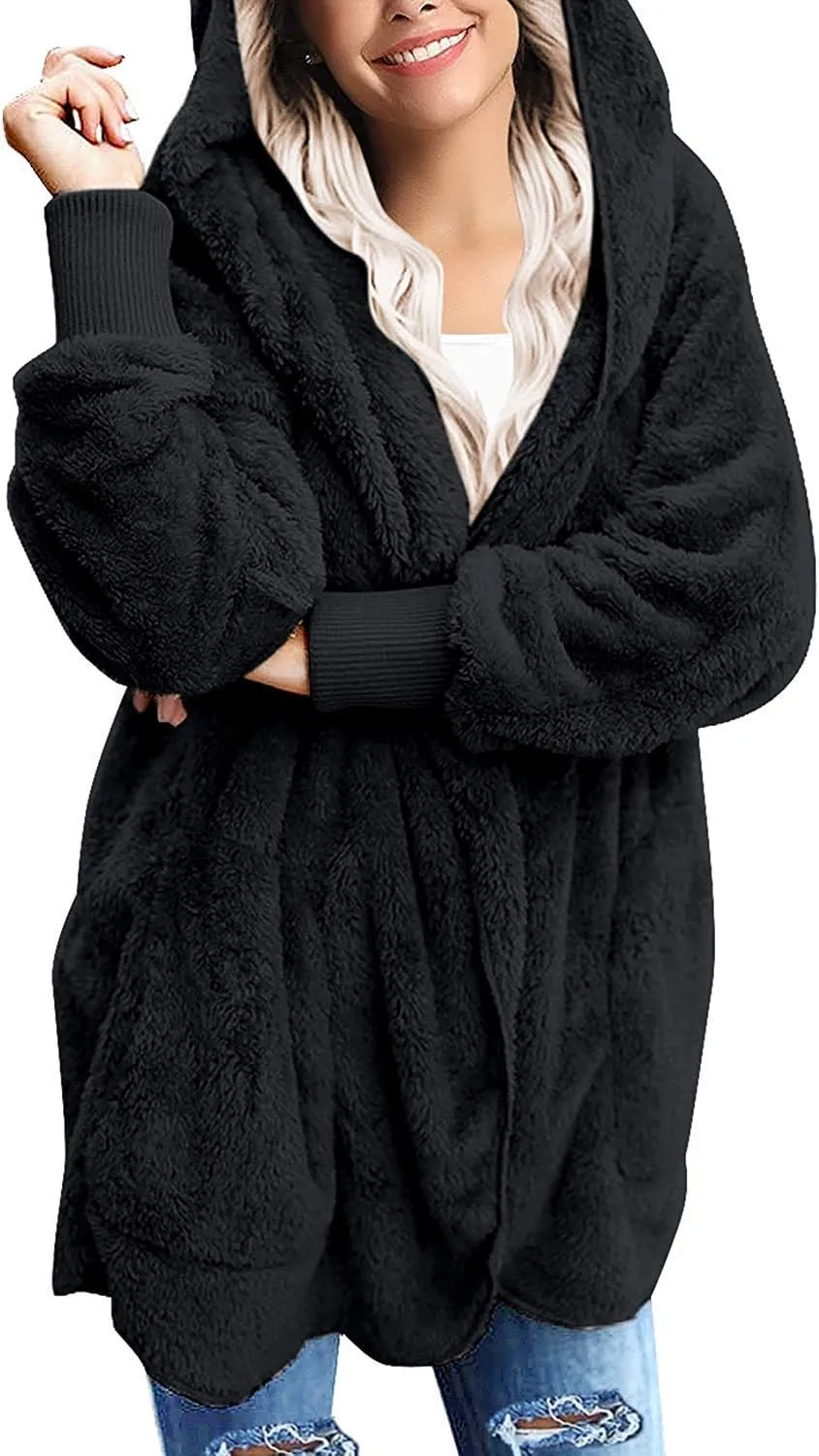 Yanekop Womens Fuzzy Fleece Jacket Open Front Hooded Cardigan Sherpa Outerwear Warm Coats with Pockets