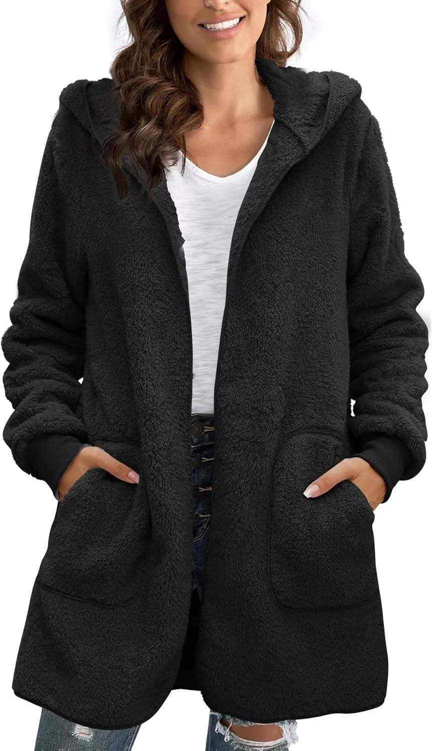 Yanekop Womens Fuzzy Fleece Jacket Open Front Hooded Cardigan Sherpa Outerwear Warm Coats with Pockets