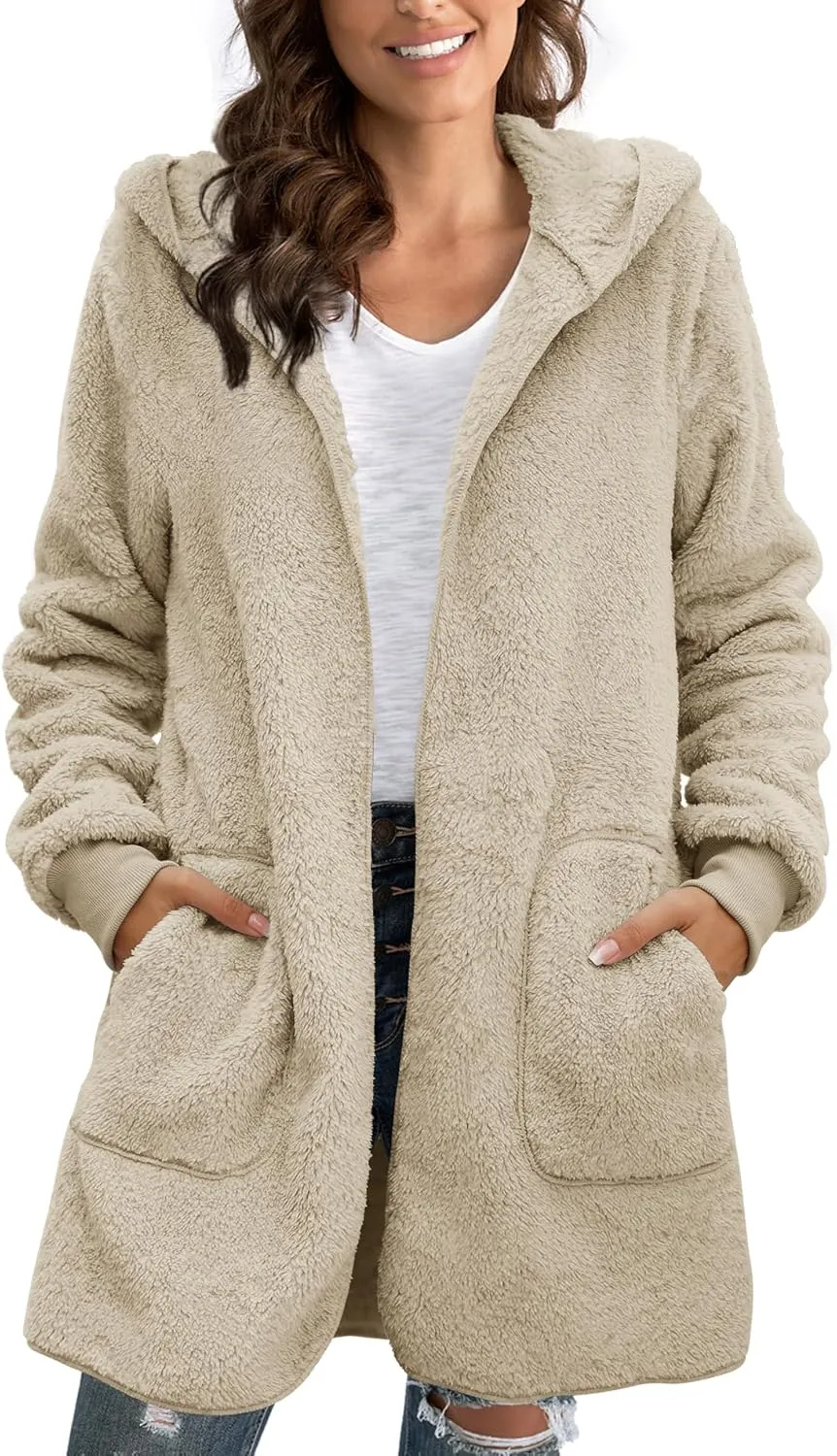 Yanekop Womens Fuzzy Fleece Jacket Open Front Hooded Cardigan Sherpa Outerwear Warm Coats with Pockets